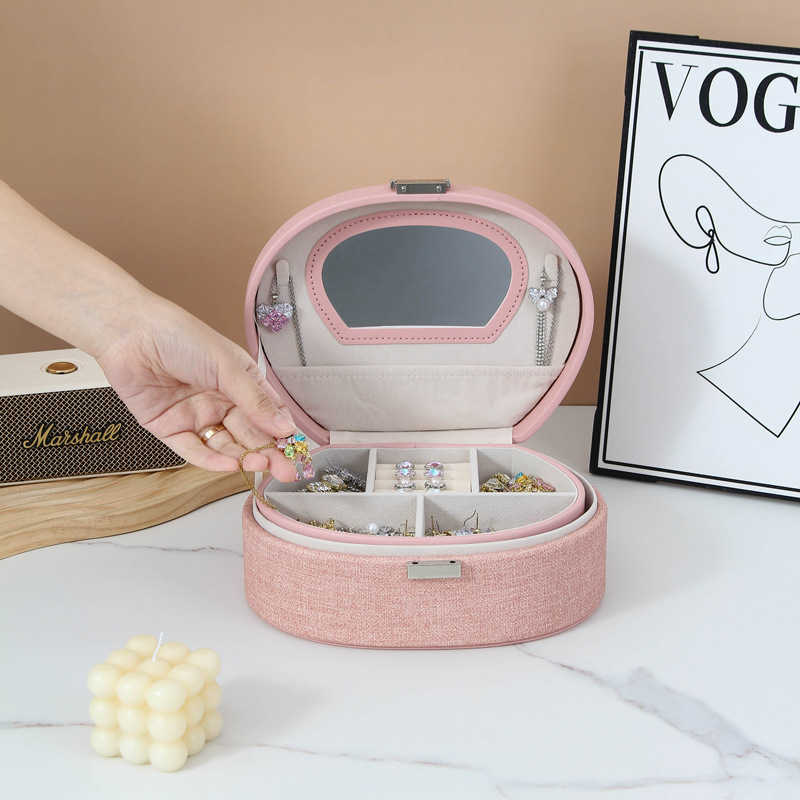 Hand-held semi-circular portable jewelry storage box, double-layer locked ring, fabric pattern jewelry box, simple makeup storage, cross-border details Picture
