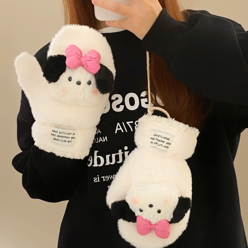 Cartoon Pacha Dog winter warm gloves, fleece and thickened cycling gloves, neck-hanging finger gloves for women details Picture