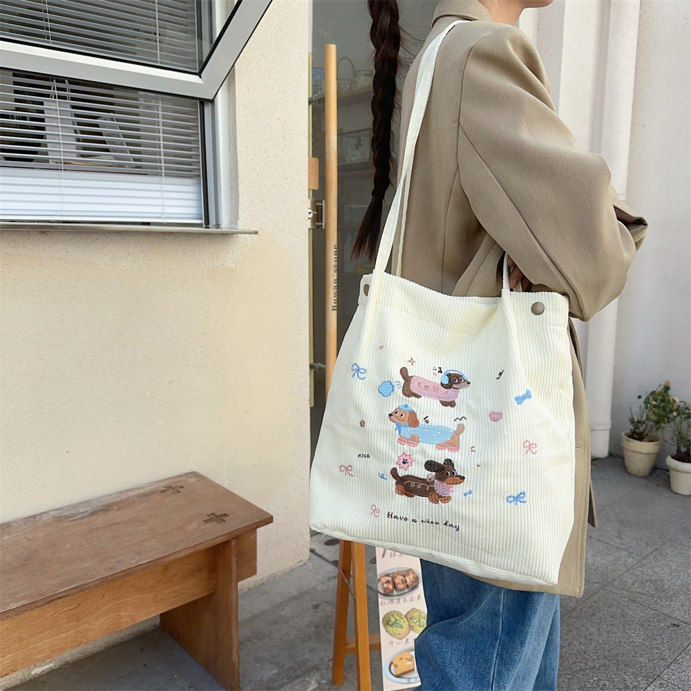 49271 Cute Cartoon Dog embroidered autumn and winter corduroy bag, girls' class bag, large capacity single-shoulder bag for students Application Scenario