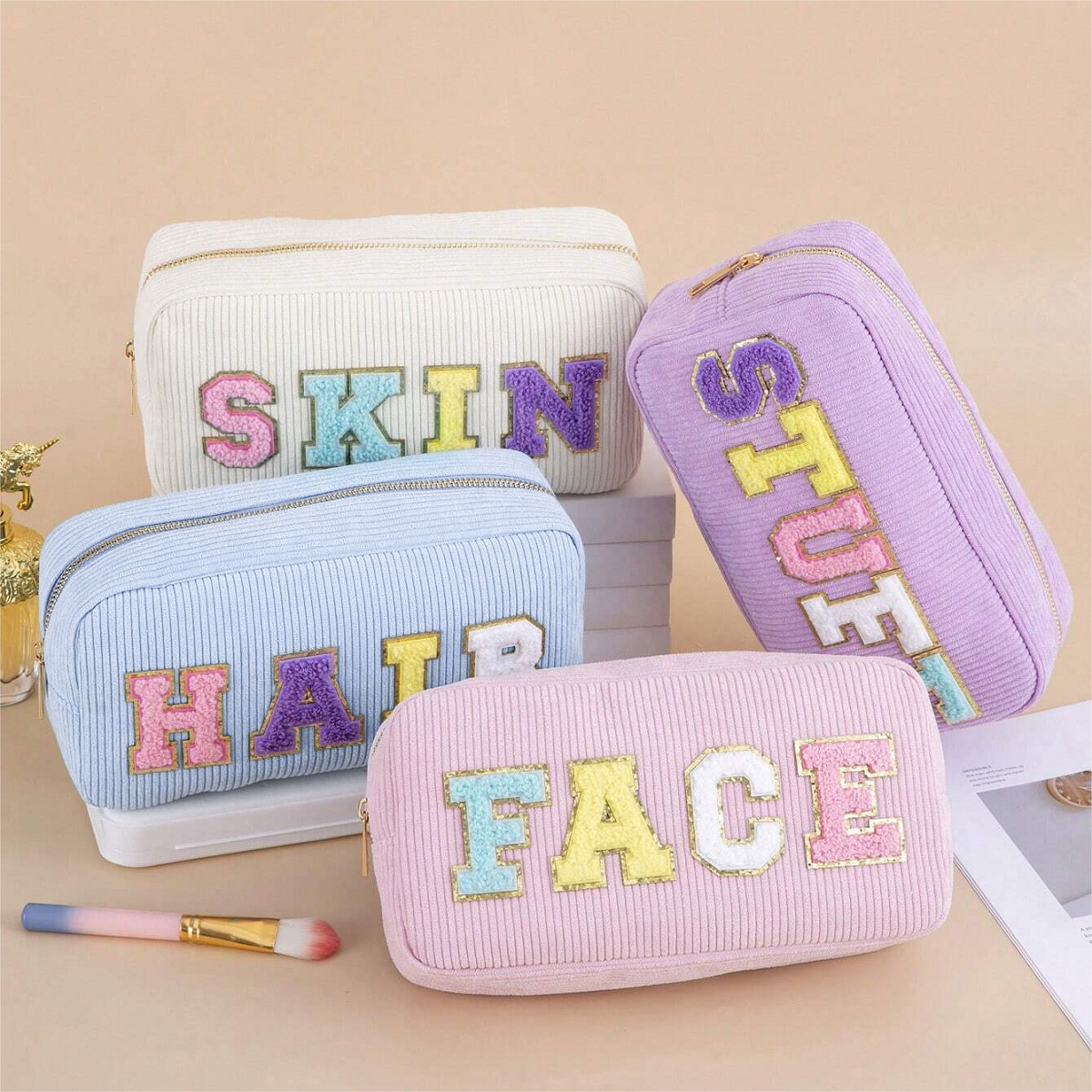 Cross-border corduroy makeup bag with lettered embroidery, fashionable and casual ladies' toiletry bag, travel portable makeup storage bag full figure