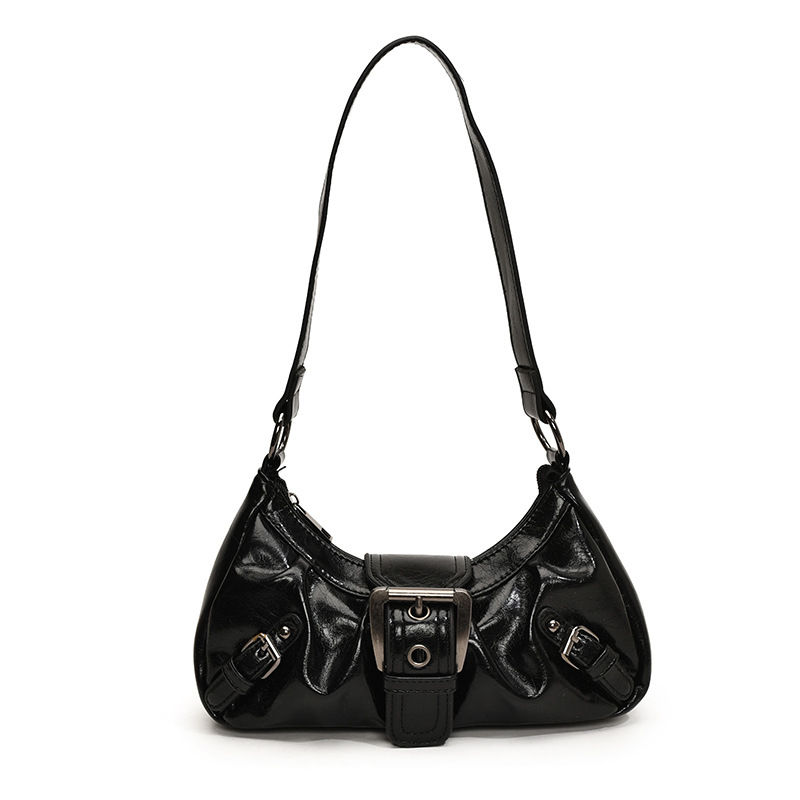 Cross-border niche retro pleated underarm bag for women, new motorcycle and hot girl style belt buckle single-shoulder crossbody bag Item Picture