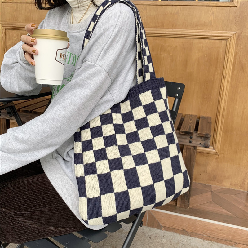 110281 knitted checkered bag for women, new autumn and winter casual tote bag, large capacity hand-held canvas bag, ins Item Picture