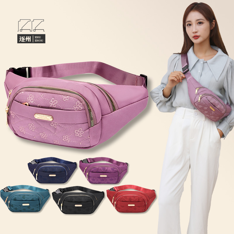 Ladies' embroidered solid-color nylon crossbody bag, single-shoulder outdoor simple running bag, multi-functional sports waist bag wholesale full figure