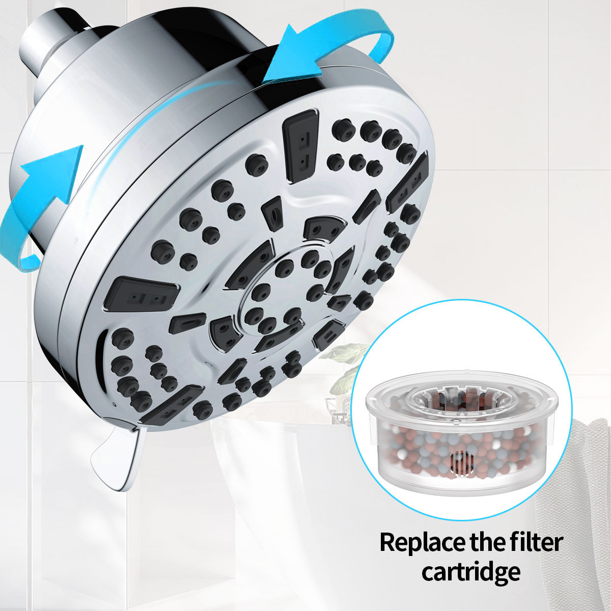 Cross-border foreign trade filter shower head, American concealed installation 5-inch 8-function pressure-increasing filter top spray set full figure