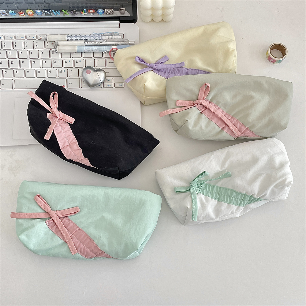 52162 Soft and fluffy fabric pen case, bow storage bag, stationery box, student high appearance level pen case, pencil case full figure