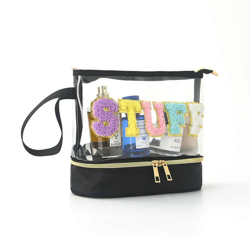 Amazon embroidery storage bag, PVC transparent double opening letter cosmetic bag, travel toiletries bag, large capacity cosmetic bag Item Picture