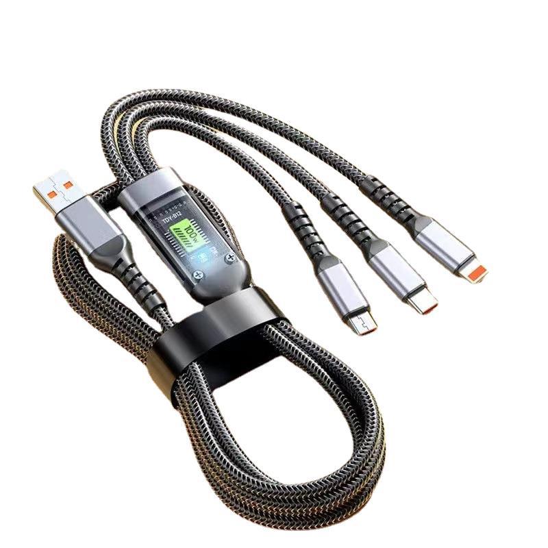 100W transparent lamp three-in-one data cable with 6A fast charging, suitable for Android, Huawei and Apple one-to-three charging cables Specification drawing