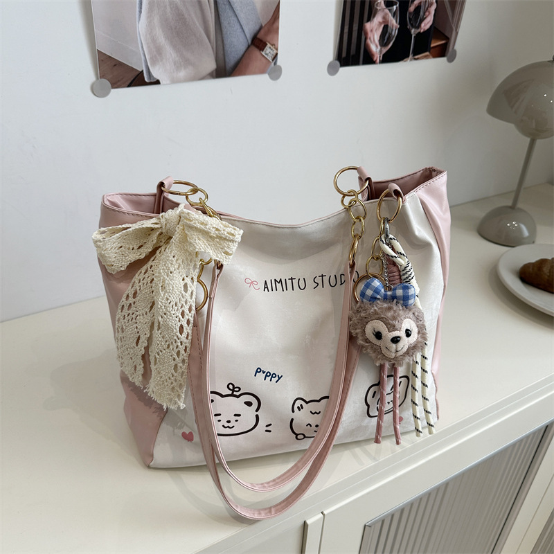 Fashionable silk scarf bow tote bag 2025 New Korean version large capacity simple single-shoulder bag stylish underarm bag full figure