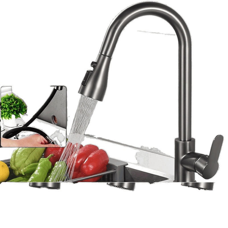 All-copper kitchen faucet, pull-out cold and hot telescopic sink for washing vegetables, laundry, rotating cold and hot water household faucet Item Picture