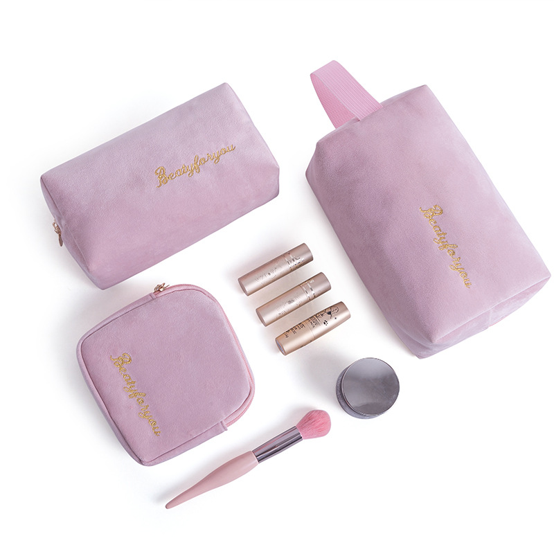 Flannel makeup storage bag, hand-held velvet women's clutch, large-capacity lipstick bag, Nordic-style ins four-piece set Item Picture