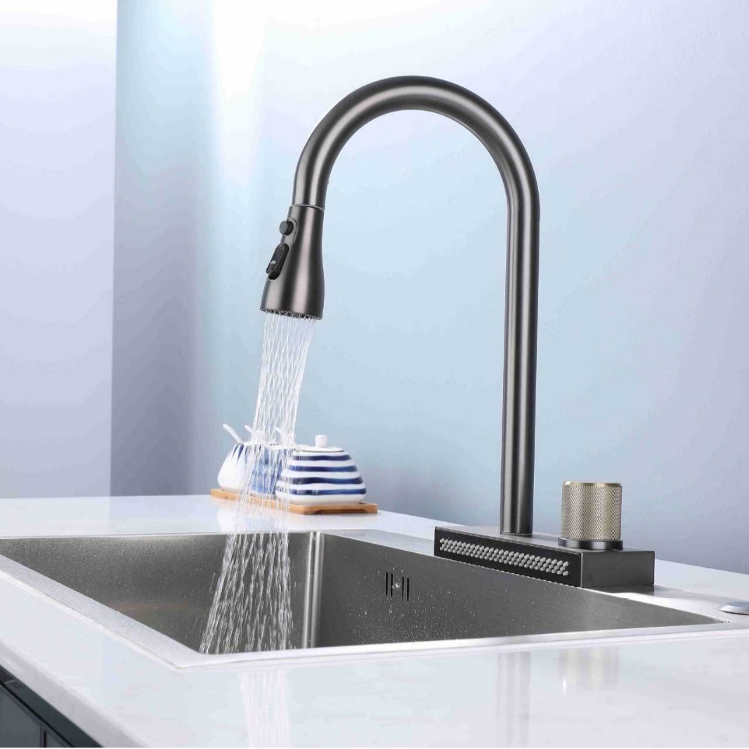 Stainless steel kitchen pull-out faucet, rain waterfall water outlet, kitchen faucet, pull-out sink, cold and hot water faucet Application Scenario