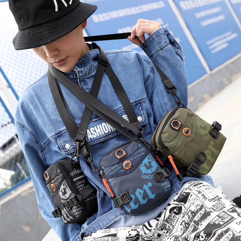 Hao Shuai's new men's single-shoulder small bag, outdoor casual crossbody bag, fashionable and trendy waist bag, hanging bag, multi-functional small bag Specification drawing