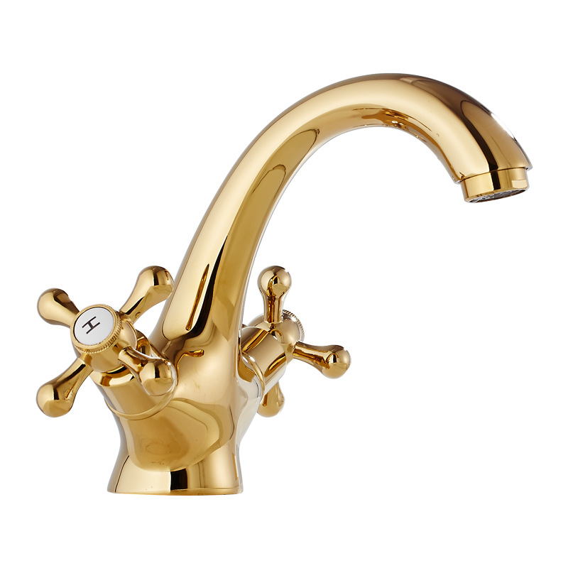 European-style all-copper gold faucet, antique washbasin faucet, bathroom hand washing, hot and cold washbasin, retro countertop, household Item Picture