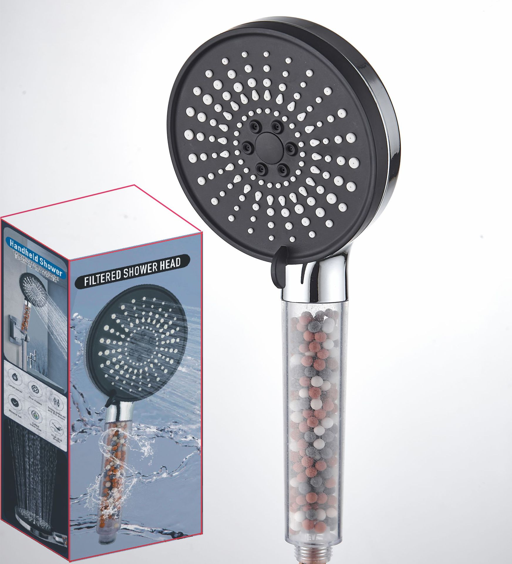 New five-speed water outlet adjustable filter, shower head, high-pressure showerhead, negative ion hard water softening multi-functional full figure