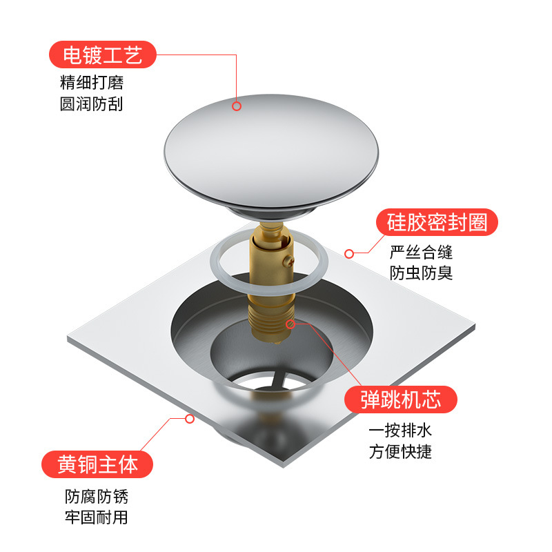 All-copper bouncing floor drain, submersible anti-odor boat pedal floor drain, bathroom shower room anti-backflow sealed floor drain details Picture