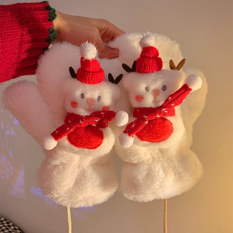 Christmas-themed cute snowman winter warm gloves, plush mitten gloves, student cycling neck-hugging cold-proof gloves details Picture