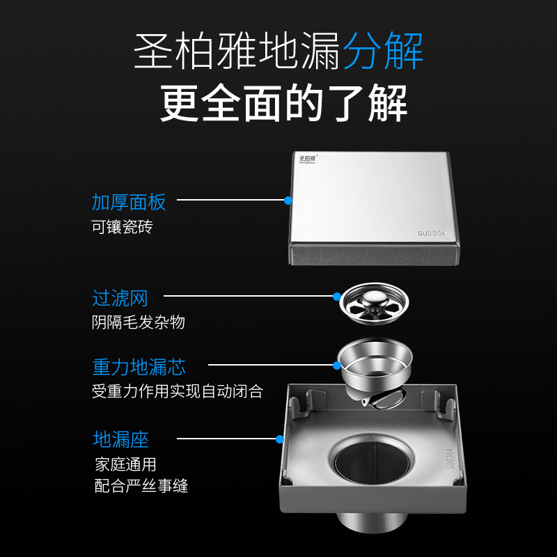 304 stainless steel invisible floor drain, black square, hidden drainage and anti-odor floor drain for bathroom, toilet and shower room Specification drawing