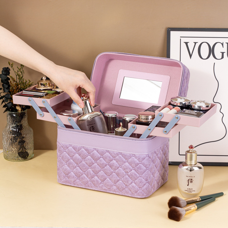 Portable makeup case, large-capacity jewelry and cosmetics multi-compartment storage box, simple and multi-functional hand-held makeup bag full figure