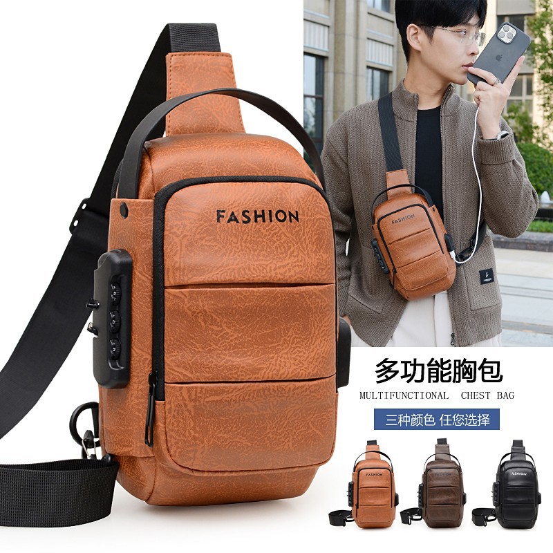 Cross-border new products: Fashionable motorcycle bag, single-shoulder crossbody bag, men's mobile phone bag, simple bag, usb charging port backpack full figure