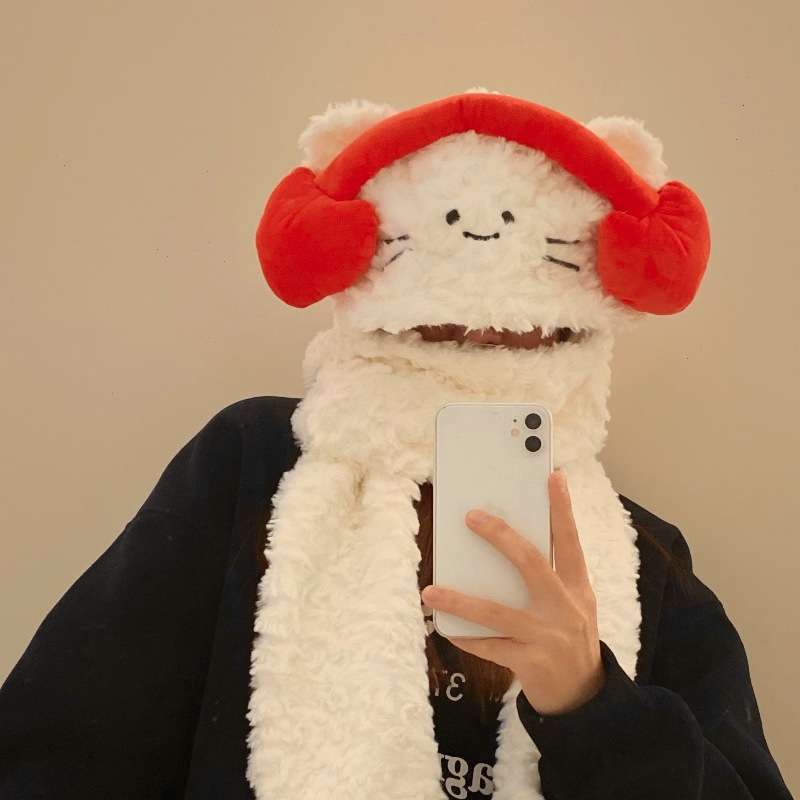 Girlish heart headphones, cat hat, women's winter scarf three-piece set, scarf, warm, windproof and ear-protecting velvet hat details Picture