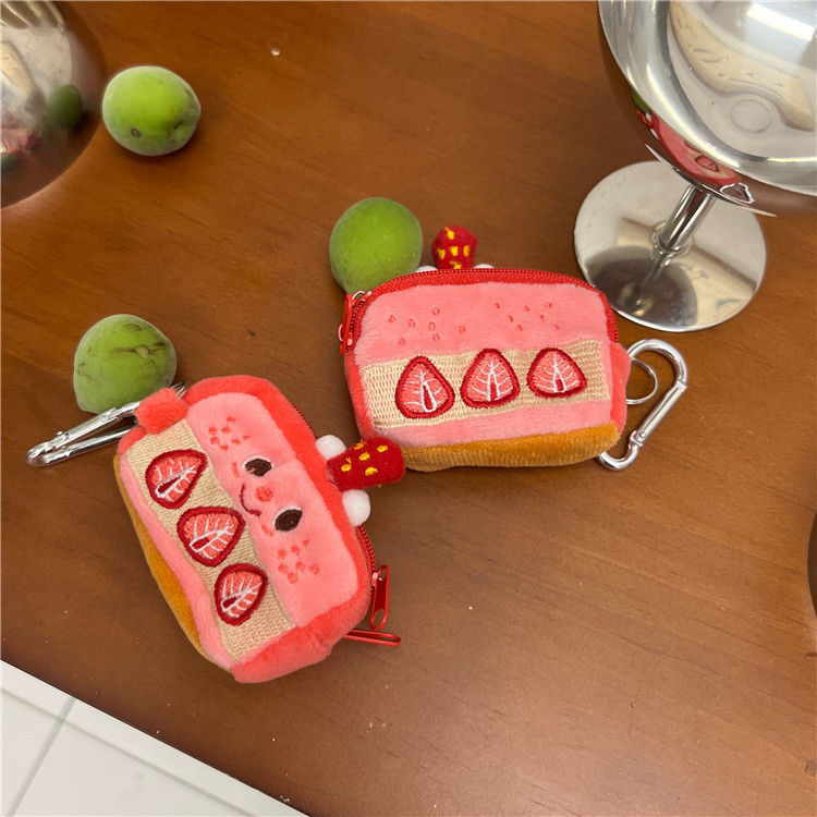 Ins-style girlish pink strawberry cake coin purse, plush headphones, storage bag, keychain pendant full figure