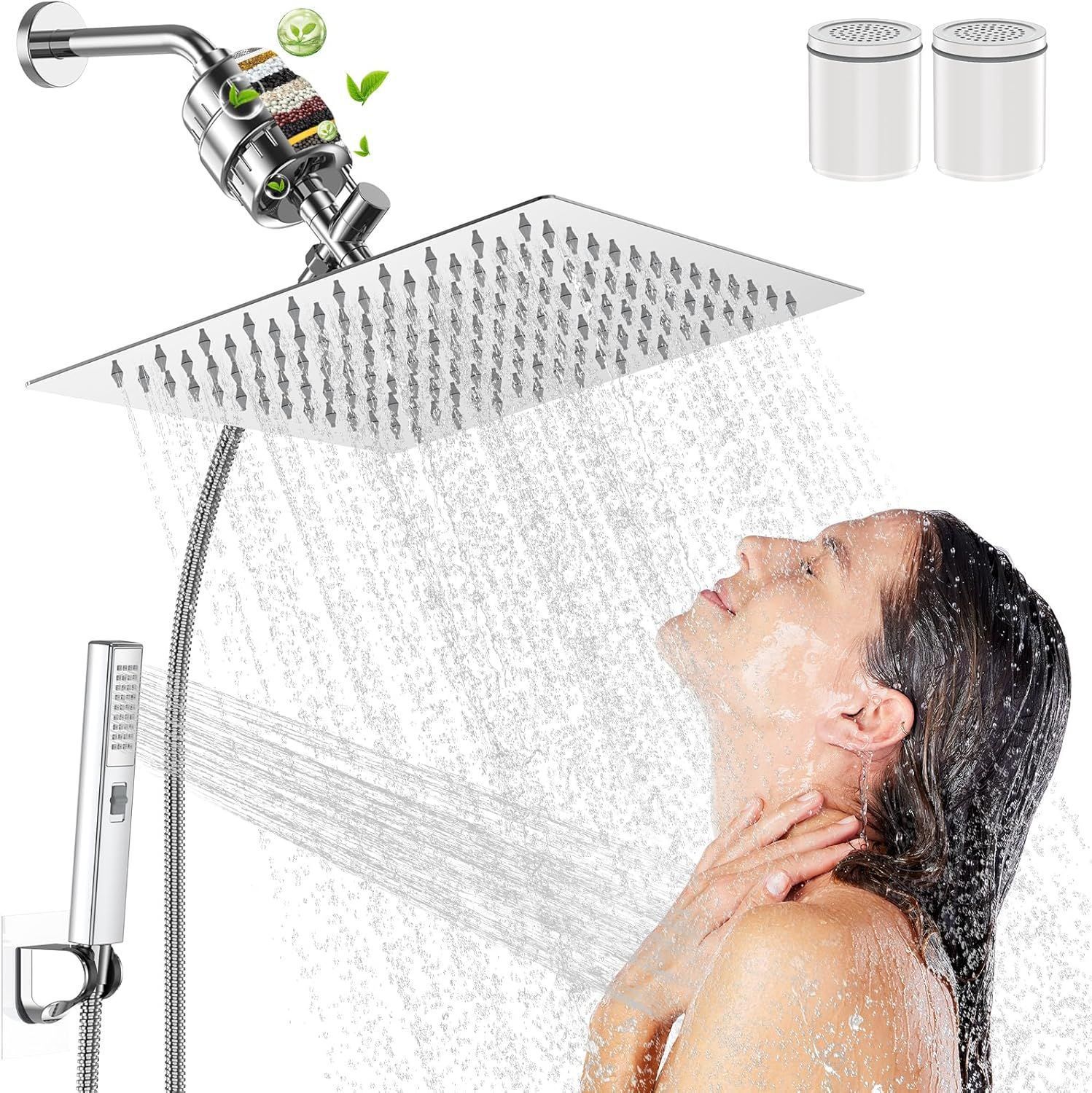 Amazon wall-mounted stainless steel filter, top spray, square with spray gun, hand-held shower head, pressurized shower head set, concealed installation full figure