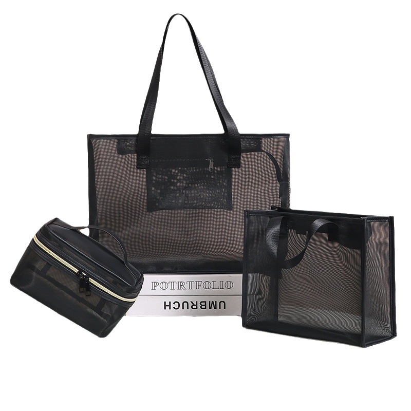Fashionable hand-held nylon mesh bag, hand-held shopping bag, tote handbag, cosmetic bag, large capacity, high-end feel Item Picture
