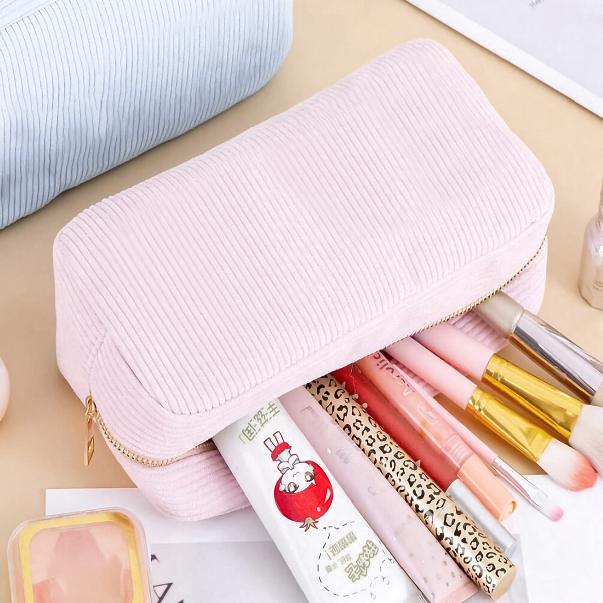 Feihong Cross-border vertical striped storage bag, corduroy high appearance Level makeup bag, Portable toiletry bag, Large Capacity makeup bag Specification drawing