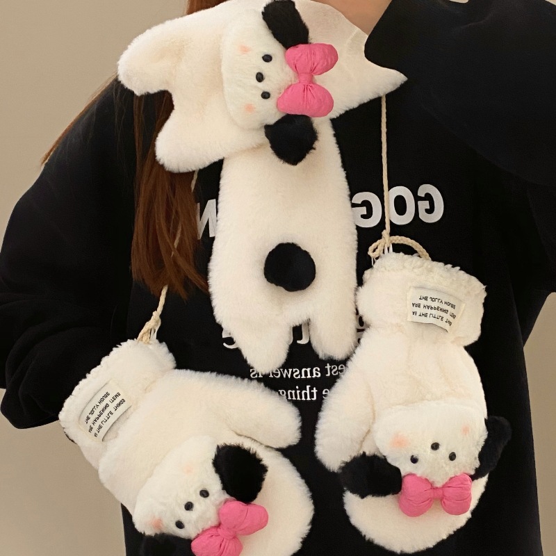 Cartoon Pacha Dog winter warm gloves, fleece and thickened cycling gloves, neck-hanging finger gloves for women Specification drawing