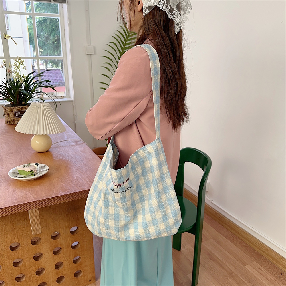 44291 Korean-style casual and versatile checkered single-shoulder crossbody bag with double-sided bow embroidery for commuting to work details Picture