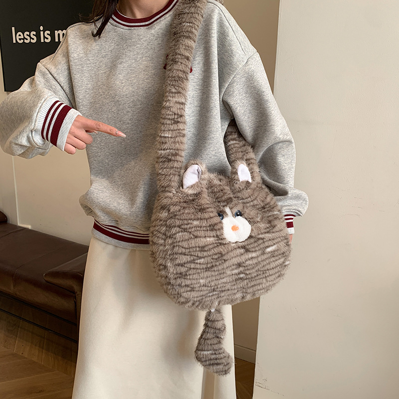Plush and cute cat bag, decorative bag, furry bag, cute and personalized storage bag for girls, large-capacity single-shoulder commuting bag Specification drawing