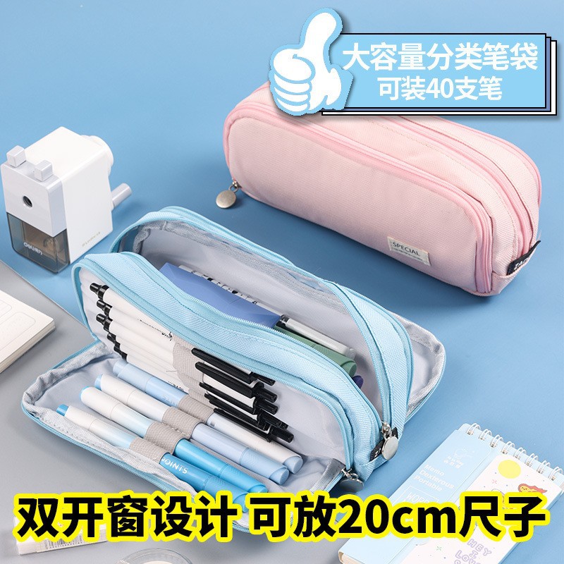 Wholesale of cross-border Korean version large-capacity pen cases, three-dimensional square stationery bags, student macaron-colored double-window pencil cases details Picture