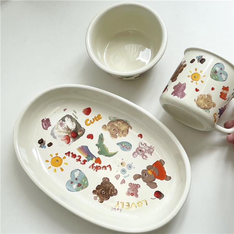 Korean-style ins cute and playful tableware, girls' cream graffiti ceramic plates, dessert bowls, breakfast milk cups tableware full figure