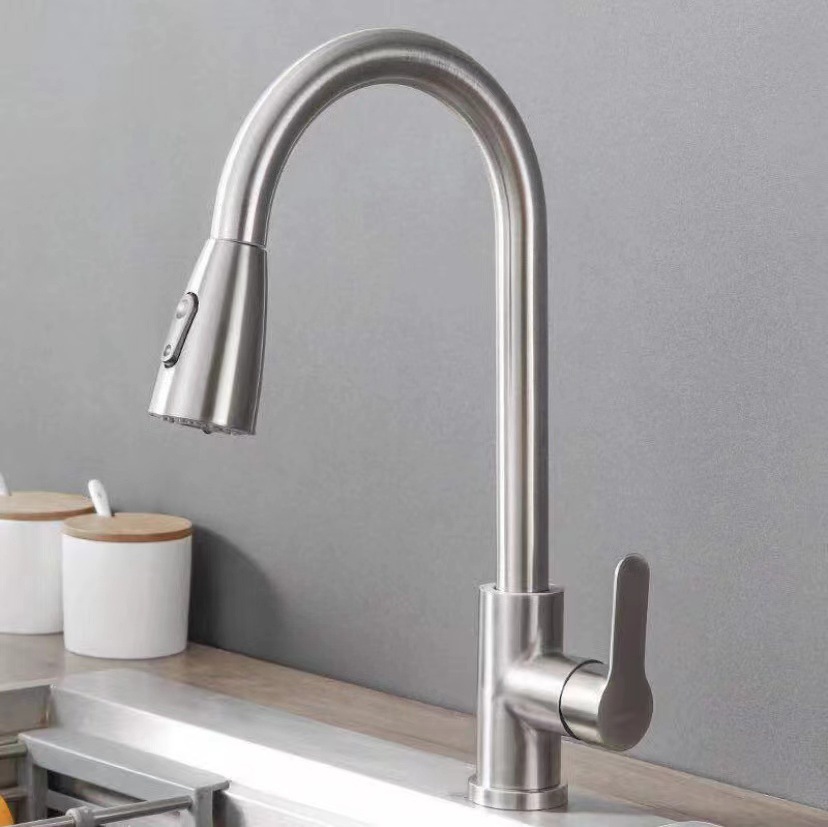 Cross-border stainless steel pull-out faucet, kitchen sink, telescopic two-position switch, hot and cold faucet rotation full figure