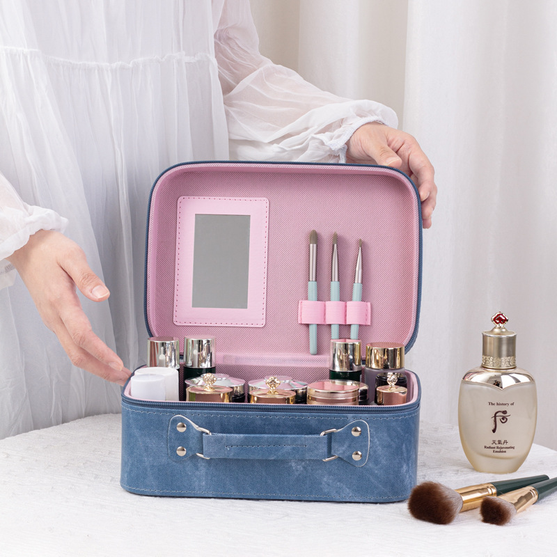 Portable denim makeup bag, large-capacity skin care products, desktop storage box, travel makeup case, hand-held souvenir, new style details Picture