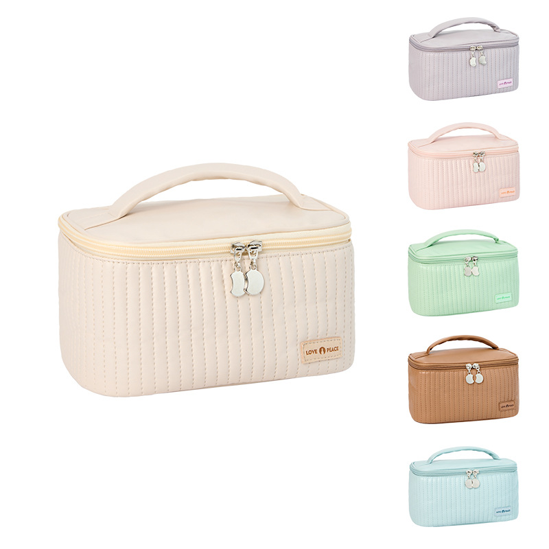 Runhui Open-lid cake makeup Bag PU hand-held toiletry Bag Cosmetics Storage Bag Makeup Bag Large capacity high-end feel full figure