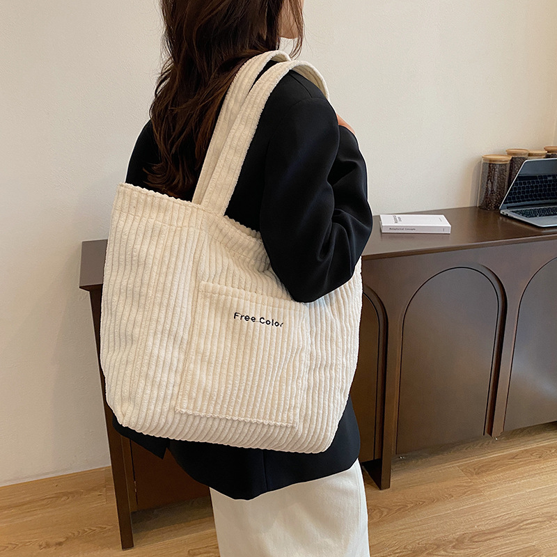 Casual corduroy 2024 new style solid color simple autumn and winter large-capacity tote women's single-shoulder corduroy mommy bag Specification drawing