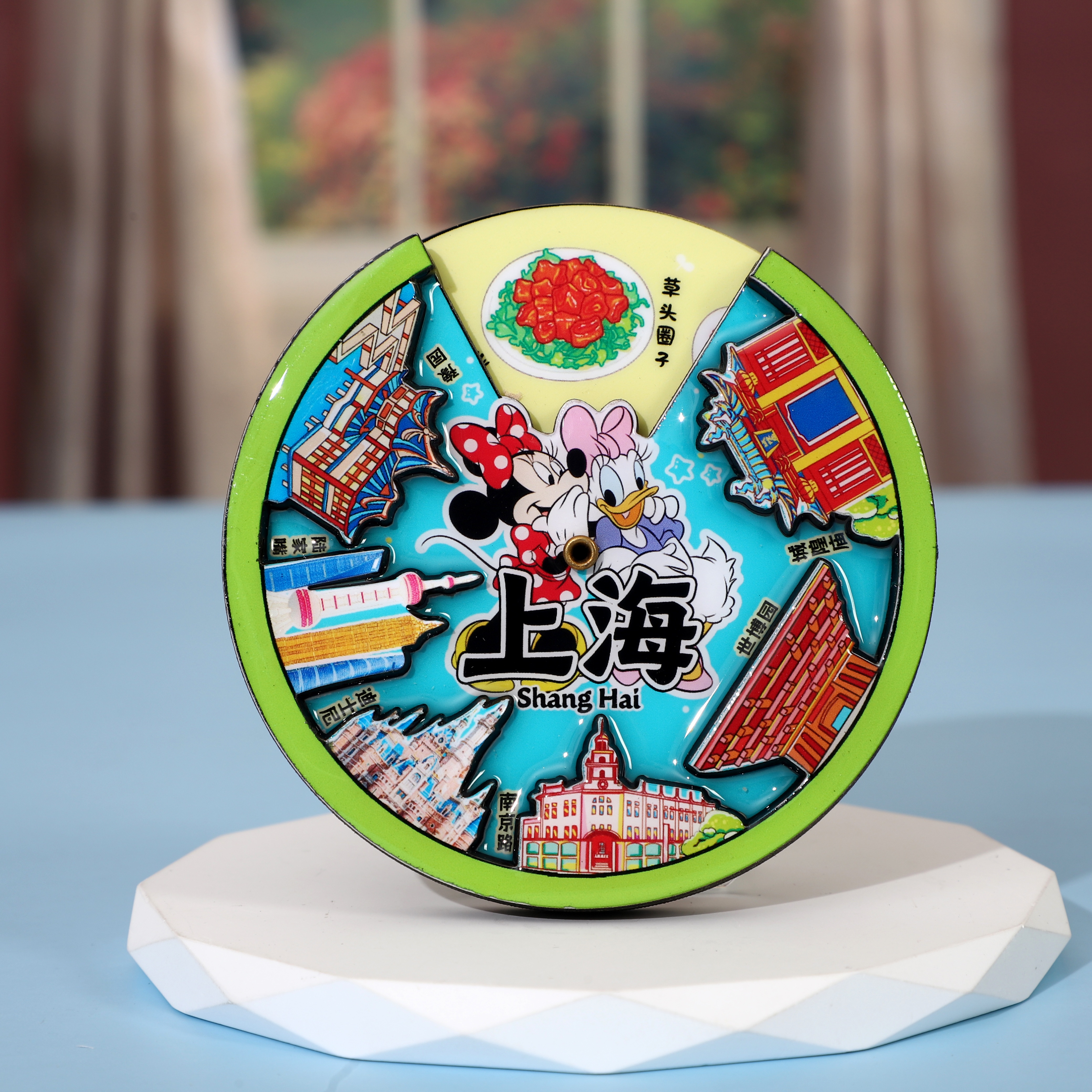 Factory-customized Shanghai tourism refrigerator stickers, cultural and creative travel souvenirs, wooden epoxy resin blackboard, circular rotating refrigerator stickers Specification image