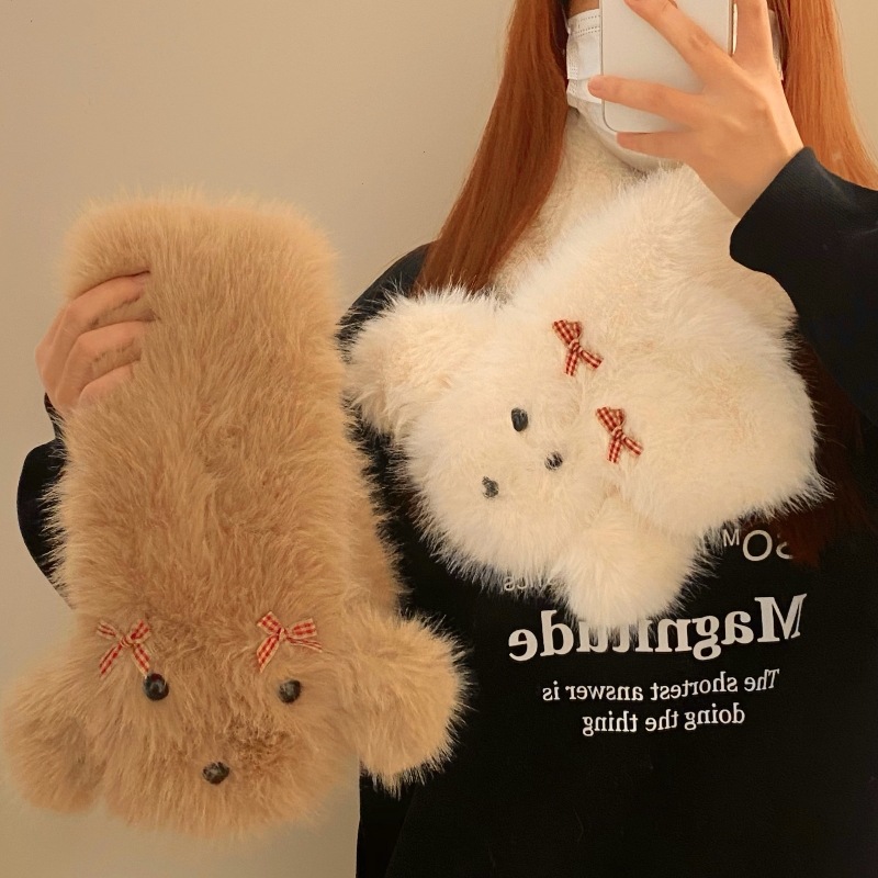Bowknot puppy plush scarf for women, thick and warm neck scarf for autumn and winter, protecting the neck from wind and cold, cross neck collar for women full figure