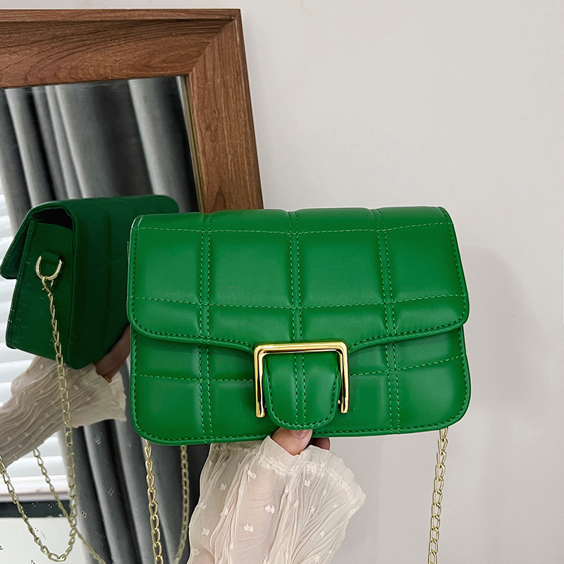 2025 New style simple belt-decorated chain crossbody bag, small square bag for women, checkered texture single-shoulder bag for ladies full figure