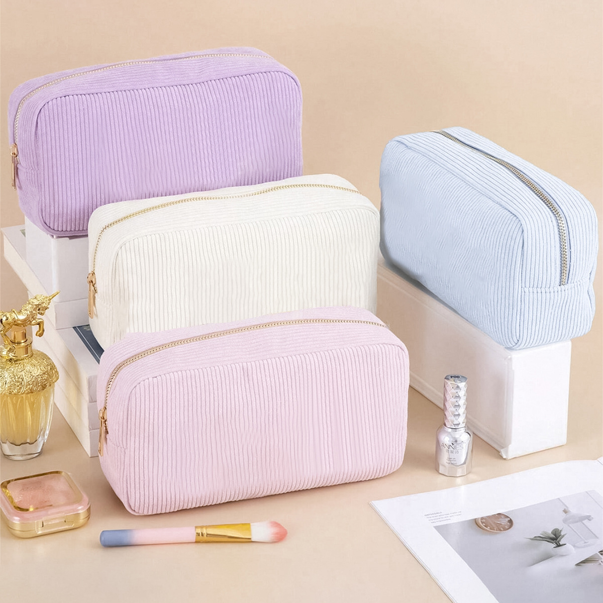 Feihong Cross-border vertical striped storage bag, corduroy high appearance Level makeup bag, Portable toiletry bag, Large Capacity makeup bag details Picture