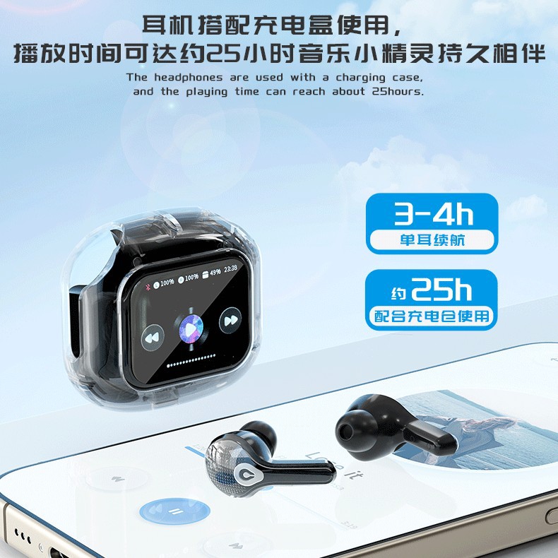 Cross-border AirMAX Bluetooth headphones: In-ear LCD touch color screen noise-cancelling transparent long-lasting sports headphones Specification drawing