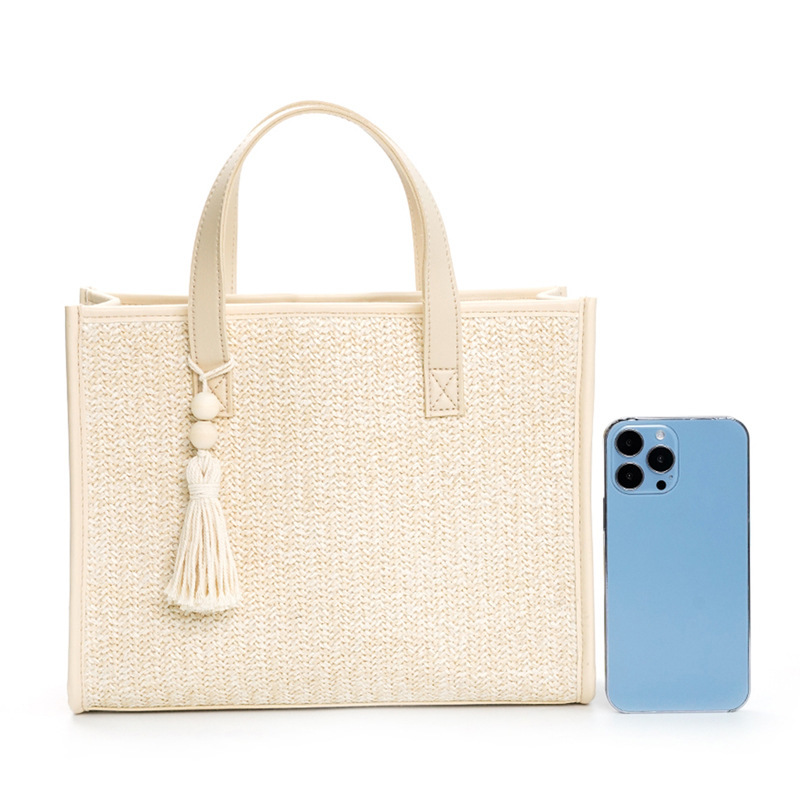 Straw woven bag, vacation style summer woven bag, large-capacity female student single-shoulder hand-carry casual French tote bag Specification drawing