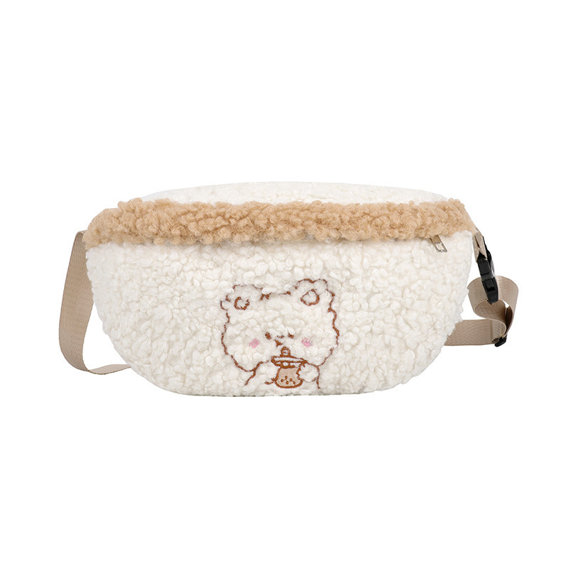The 2020 autumn/winter new Japanese vintage style, cute and adorable cartoon embroidery, little bear soft girl, lamb fur single-shoulder crossbody bag Item Picture