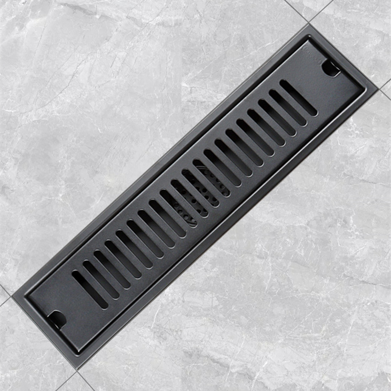 Cross-border temu Amazon 304 stainless steel long floor drain, black thickened rectangular large displacement anti-odor long floor drain full figure