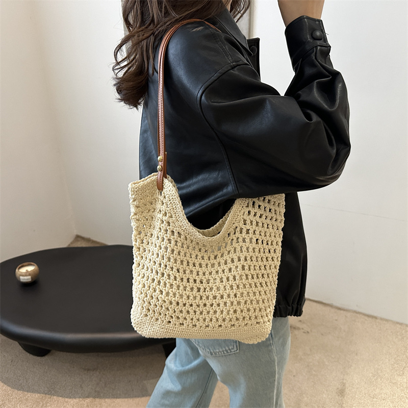 Summer new hollowed-out bucket bag for women, large-capacity summer casual and versatile woven crossbody single-shoulder bag Specification drawing