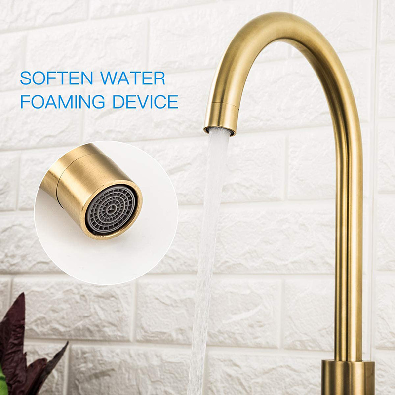 Stainless steel gold kitchen faucet with brushed gold face, washbasin, sink and countertop, mixed kitchen cold and hot water faucet details Picture