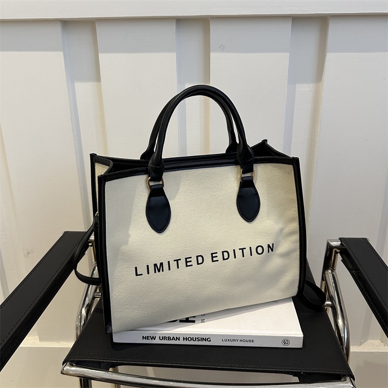 Women's large-capacity tote bag, 2024 new trendy crossbody bag, color-blocking canvas bag, letter-printed handbag Specification drawing