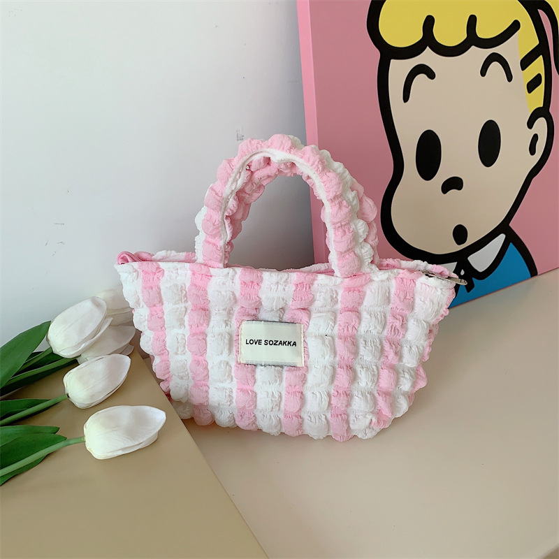 25131 Women's French cream pleated handbag, cloud cream puffs, hand-held bag, bento bag, shopping bag Specification drawing