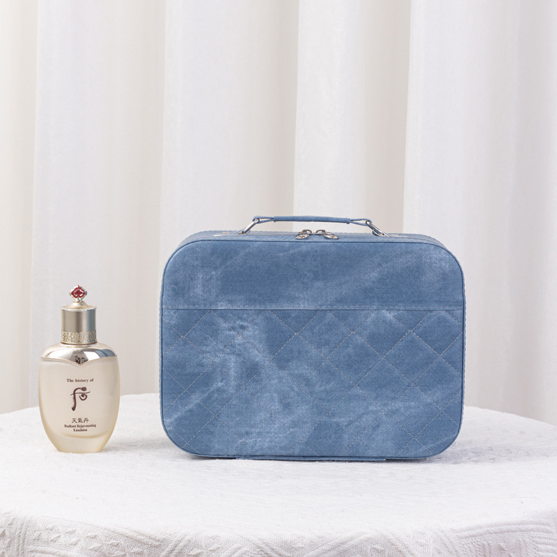 Portable denim makeup bag, large-capacity skin care products, desktop storage box, travel makeup case, hand-held souvenir, new style Application Scenario